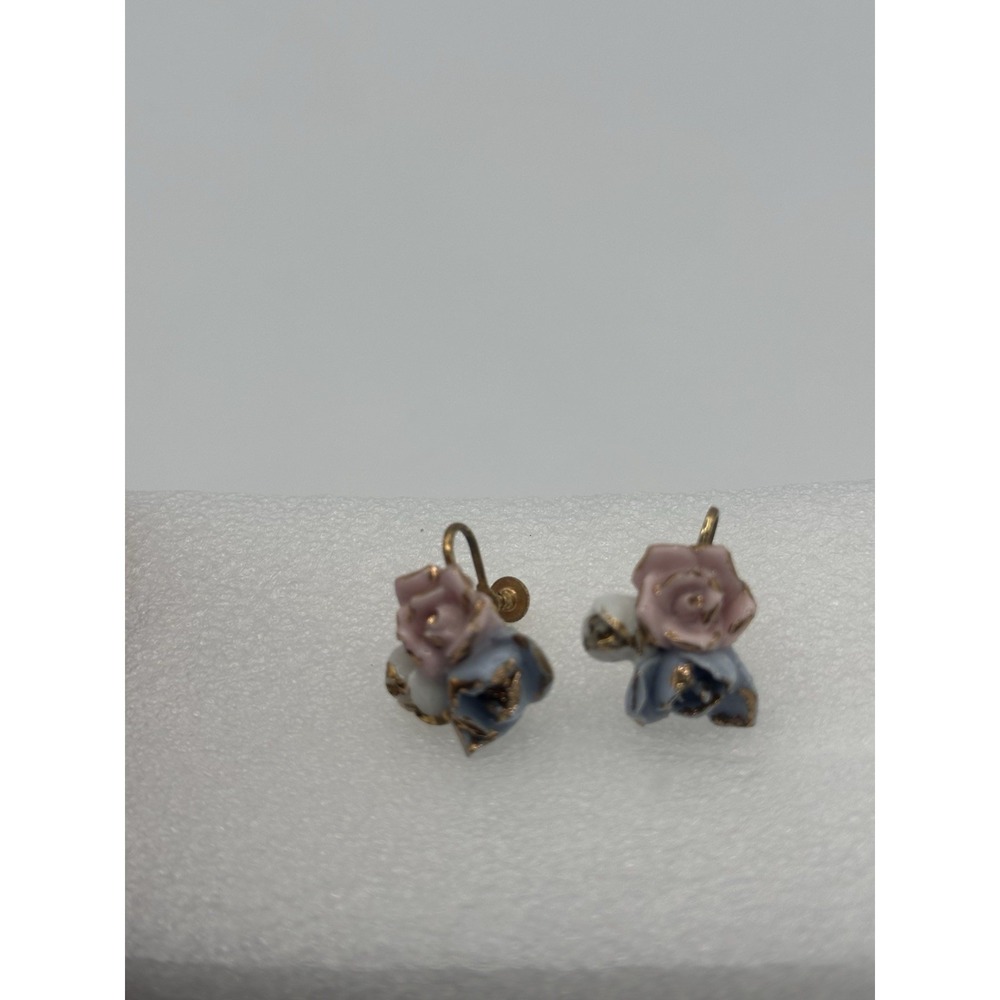 Ceramic‎ Roses Earrings Vintage Screw On / Screw Back Earrings